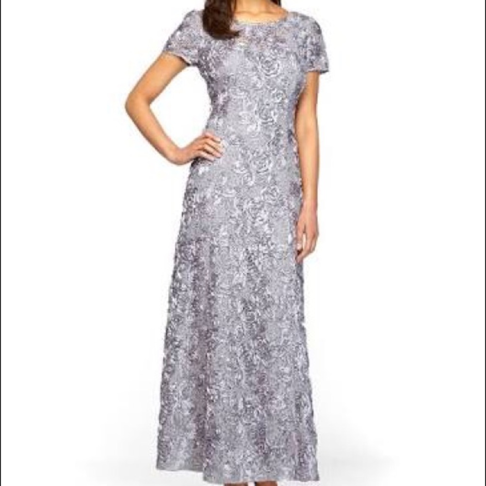 A-Line Rosette and Sequin Long Gray Evening Gown